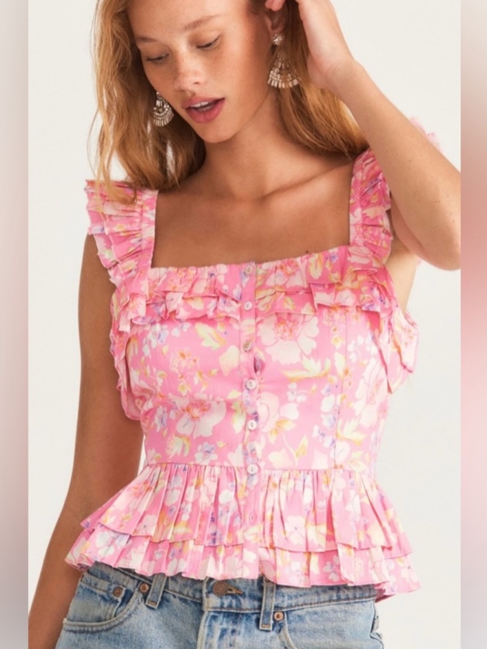 LOVESHACKFANCY 100% Cotton Ruffle Peplum Top Milkmaid Button Down Corset Style